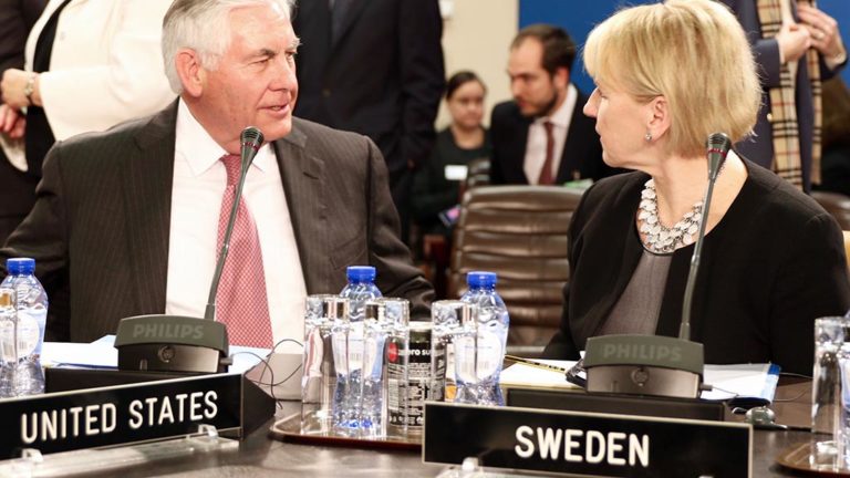 USA:s statssekreterare Rex Tillerson och Sveriges utrikesminister Margot Wallström 2017.